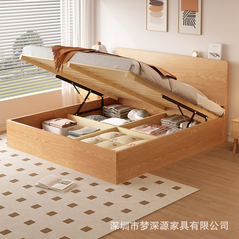 Cream-style multifunctional storage bed with fully enclosed box, suitable for home use in guesthouses, solid wood gas-lift box bed for master bedroom Cream-style multifunctional storage bed with fully enclosed box, suitable for home use in guesthouses, solid wood gas-lift box bed for master bedroom