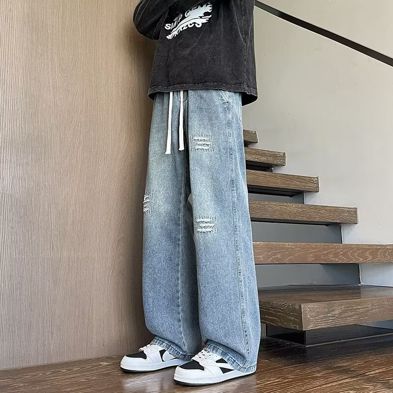 Ice Silk Jeans for Men, Summer Thin Style, Suitable for Middle and High School Students, Teenagers, and Older Children, Wide-Leg Loose Straight Long Pants