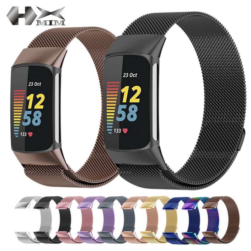 适用fitbit charge5米兰尼斯金属表带 charge5磁吸回环不锈钢网带