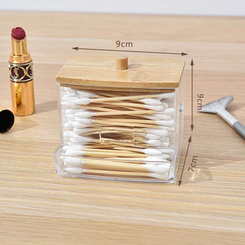 Caja de almacenamiento acrílica con tapa de bambú, organizador transparente para bastoncillos y cosméticos