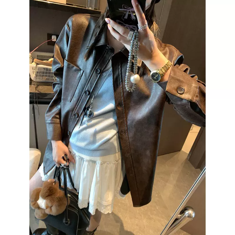 摩且 早秋新款 美式做旧感PU皮翻领休闲宽松显瘦皮衣外套 MQ0665