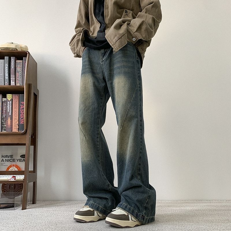 Men's High Street Cleanfit Vintage Washed Denim Jeans - Relaxed Fit Straight Leg Trousers For Casual Wear​_mkmklike.com