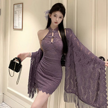 曼欲新中式情趣内衣辣妹紫色披肩开衫蕾丝镂空旗袍挂脖连衣裙9408