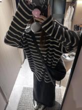 设计感日系撞色条纹T恤针织衫女冬宽松显瘦毛呢长袖打底衫上衣厚