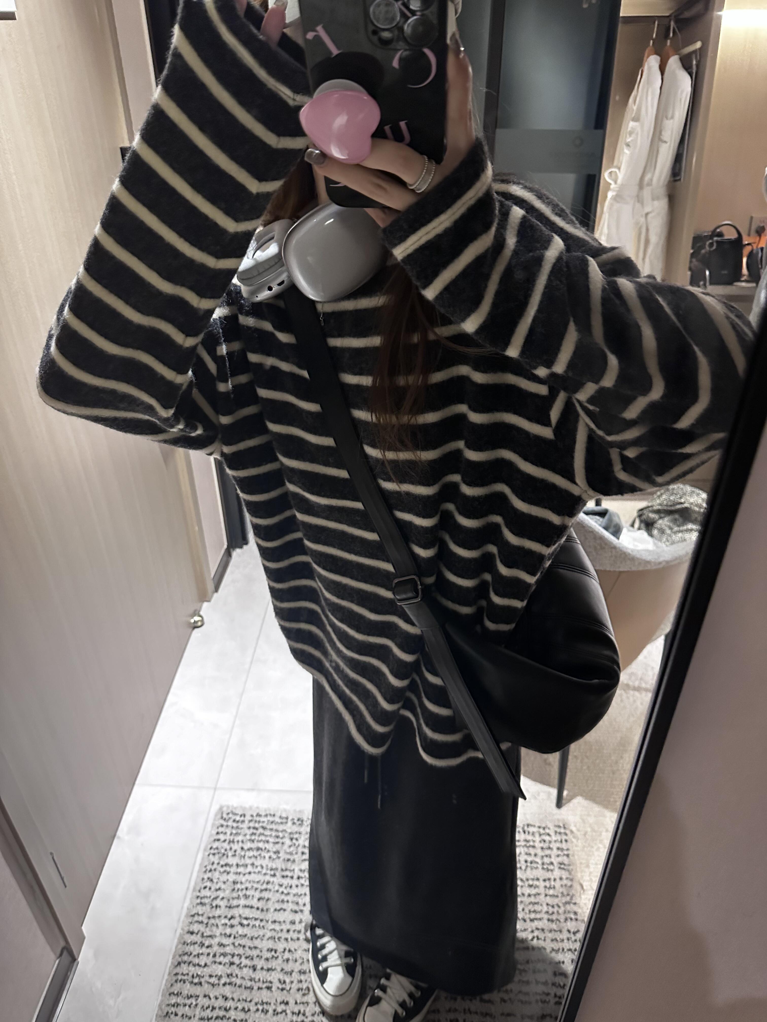 设计感日系撞色条纹T恤针织衫女冬宽松显瘦毛呢长袖打底衫上衣厚