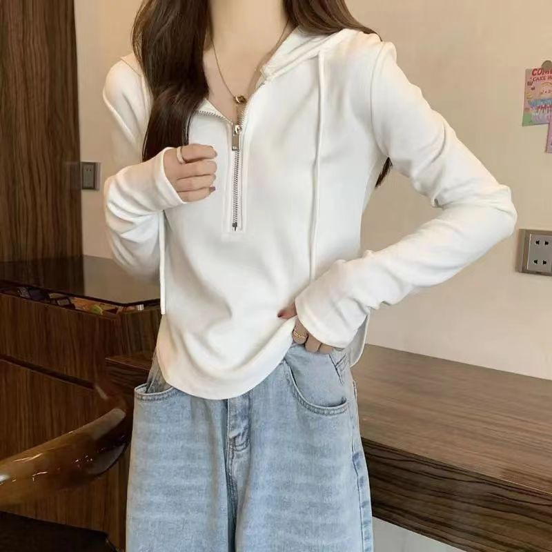 连帽卫衣女春秋时尚修身显瘦薄款百搭纯色长袖带帽卫衣白色黑色