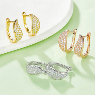 European and American style leaf small ear ring s925 sterling silver inlaid moissanite colored gold earrings British buckle cross-border hip-hop earrings
