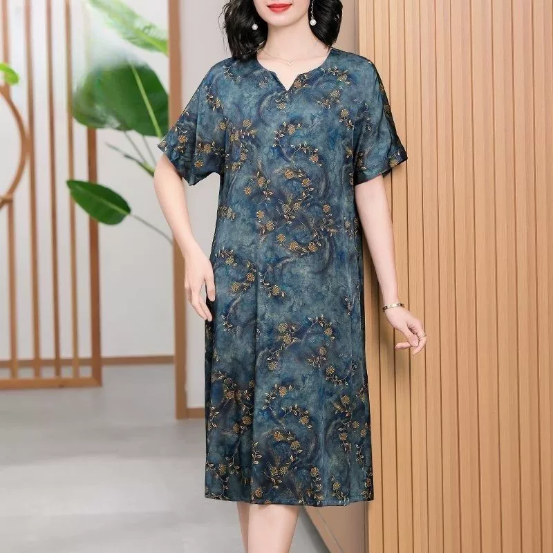 Тяжелое шелковое платье, новое летнее платье с короткими рукавами, свободное, большого размера, закрывающее живот, атласная юбка из шелкового шелка шелковицы, одежда для матери среднего возраста