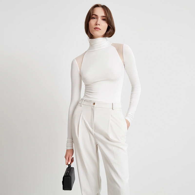 Mono de manga larga elegante y ajustado con cuello alto y malla, de alta elasticidad, para mujer, venta al por mayor, éxito de ventas transfronterizo en Europa y América.