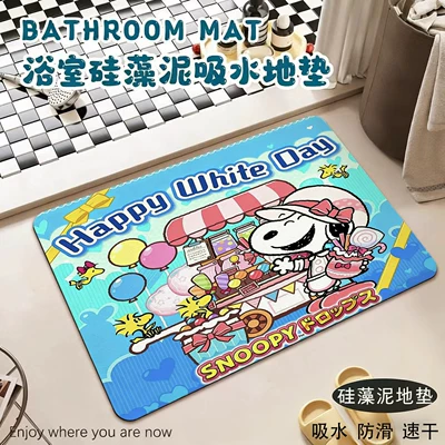 Cartoon Snoopy Printed Decorative Floor Mat for Home Use, Water-Absorbent, Non-Slip, Easy to Clean, Bathroom Mat, Entrance Door Mat (Avtomobil döşəmə paspasları) - snoopy-candy-cart-in-pink-apron-4060cm-new-style-diatom-mud