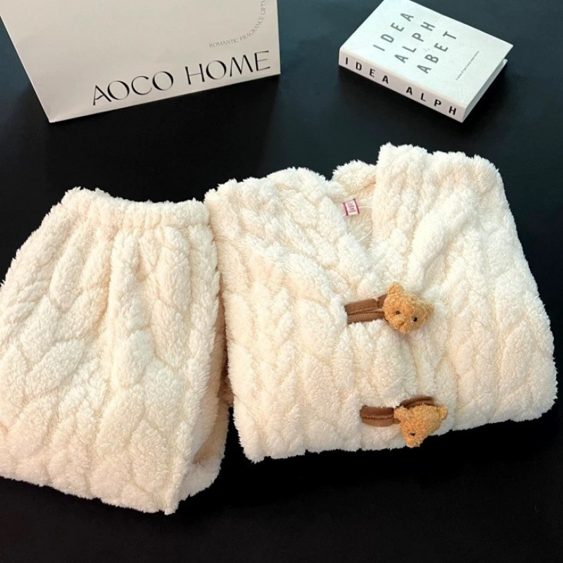 가을 겨울 여성 잠옷, 고급스러운 산호 벨벳 가디건, 울리스 플란넬, 따뜻한 플러스 벨벳 및 두꺼운 여성 가정복