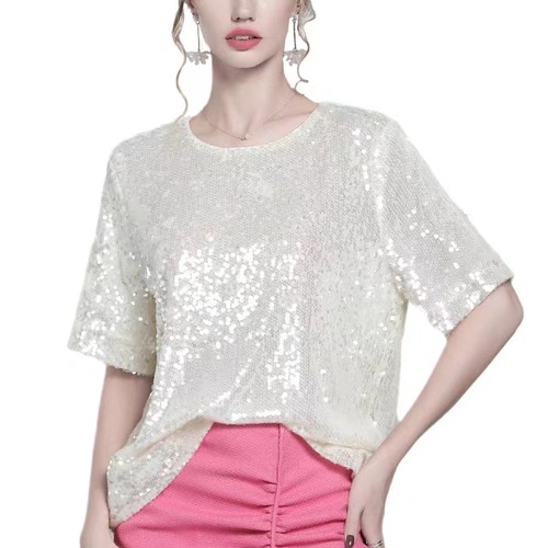 Summer V-Neck Blouse Women Solid Color Beaded Top Sequin T-Shirt Performance Costume Instagram