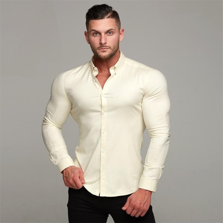 Muscular Men's Fitness Long-Sleeved Shirt 2025 Export Amazon New Men's Pure Color Slim Cardigan Thin Shirt