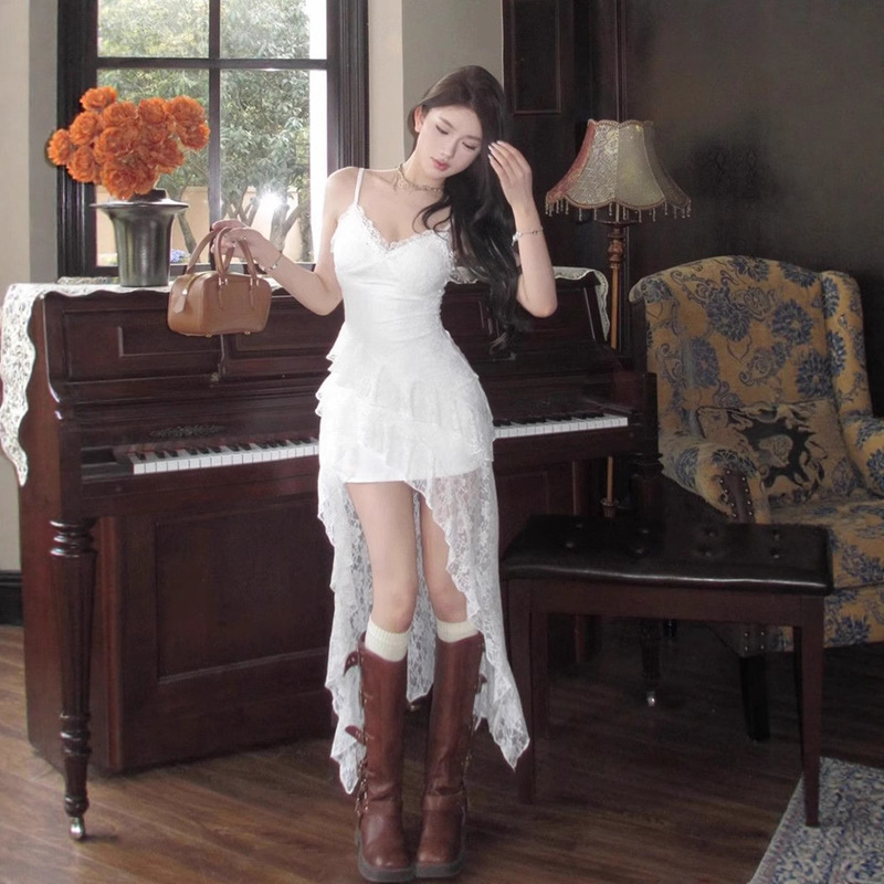 Amazon French Lace V-Neck Sling dress Travel Summer Vacation Irregular Skirt Tight Waist Mid-Length Skirt Amazon French Lace V-Neck Sling dress Travel Summer Vacation Irregular Skirt Tight Waist Mid-Length Skirt