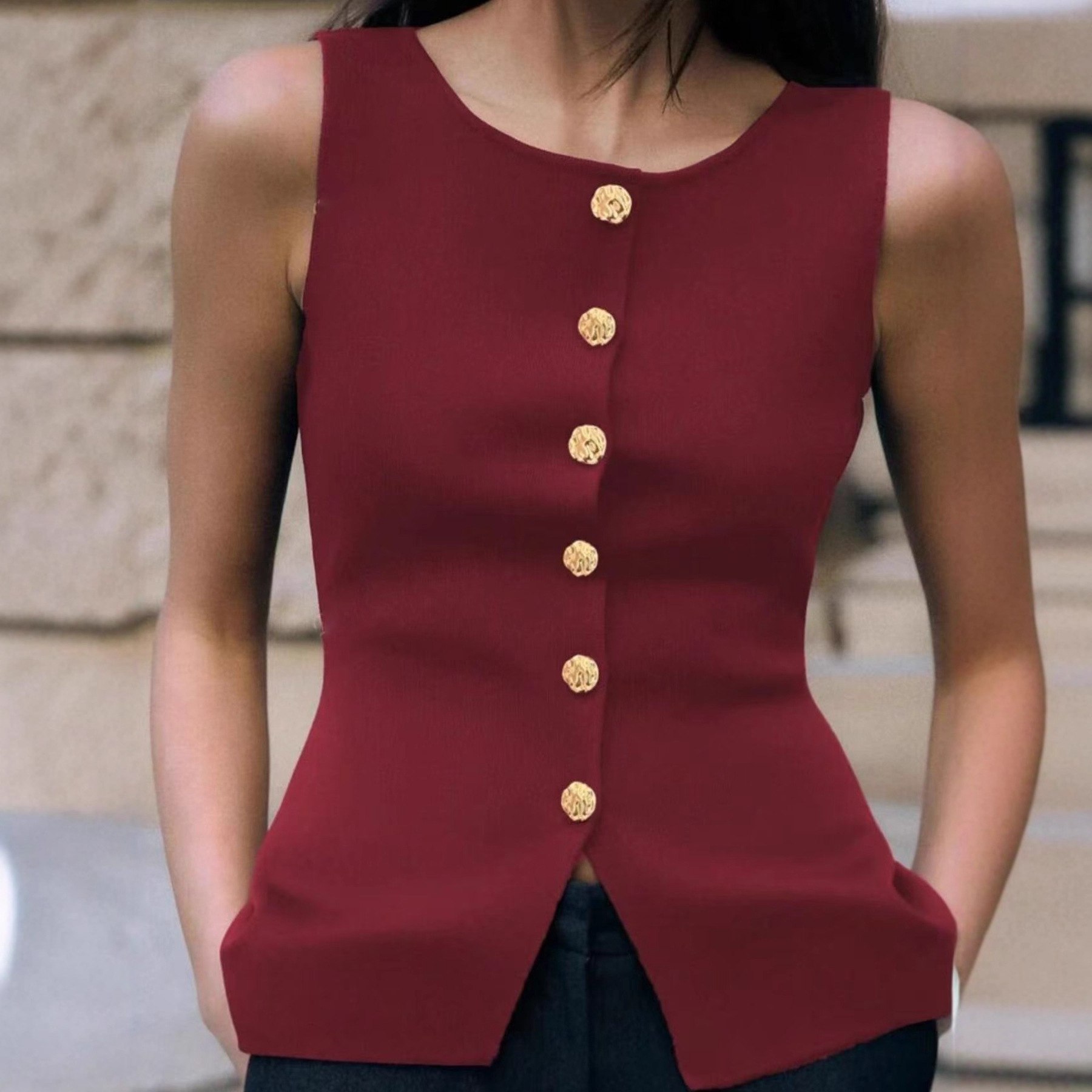 Diseño de temperamento, chaleco sin mangas con cuello redondo, mujer, verano 2025, nuevo cárdigan de punto con botones de color sólido A5326 image 3