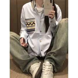 美式高街刺绣设计感条纹长袖衬衫女春夏季学院风宽松休闲衬衣上衣