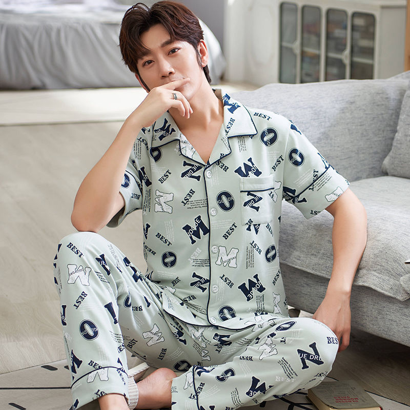 Pijamas de hombre ropa de verano 100% algodón pantalones de manga corta chaqueta juvenil traje de homewear delgado de mediana edad