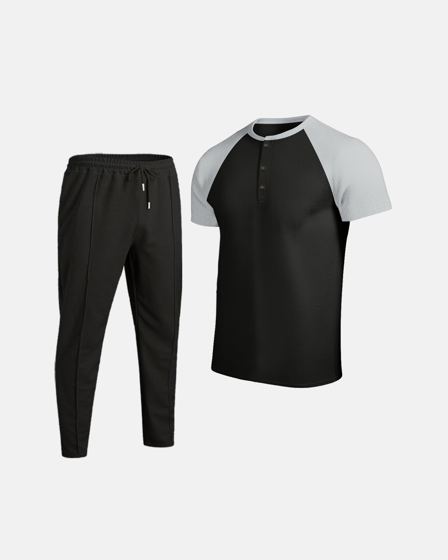 Men's Clothing Men's Summer Waffle Knit Crew Neck Color Block T-Shirt Short Sleeve Casual Outdoor Set For Formal & Casual_viptrois.com
