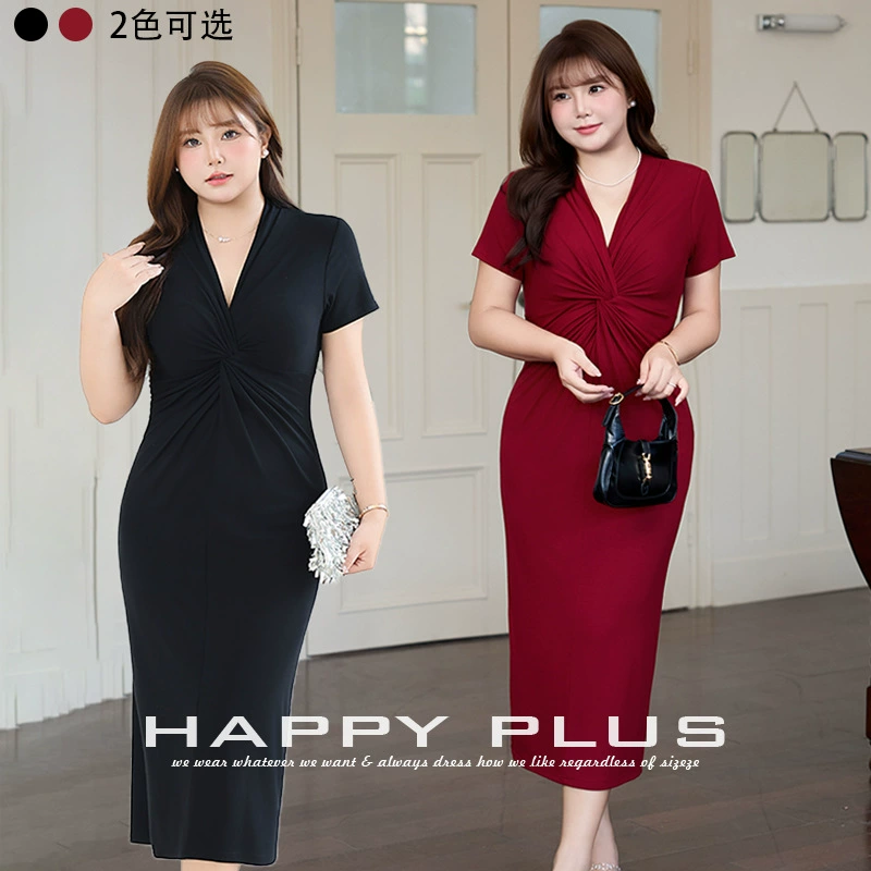 Красное платье Yujie с v-образным вырезом и разрезом на бедрах, с короткими рукавами, Runqi 9292, маленькое черное платье большого размера с вертикальным вырезом на талии