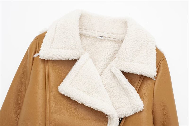 Vêtements pour femmes Automne et hiver veste de moto à revers double face pour femmes à la mode taille haute slim court haut à glissière de couleur contrastée_voghion.com