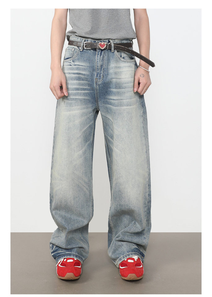 Quần jeans nam ống rộng dáng thẳng lưng giữa, phong cách retro, dài chấm gót — màu xanh chi tiết 4