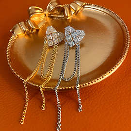 法式复古锆石爱心精致长款流苏耳坠女s925银针时尚小众设计感耳环