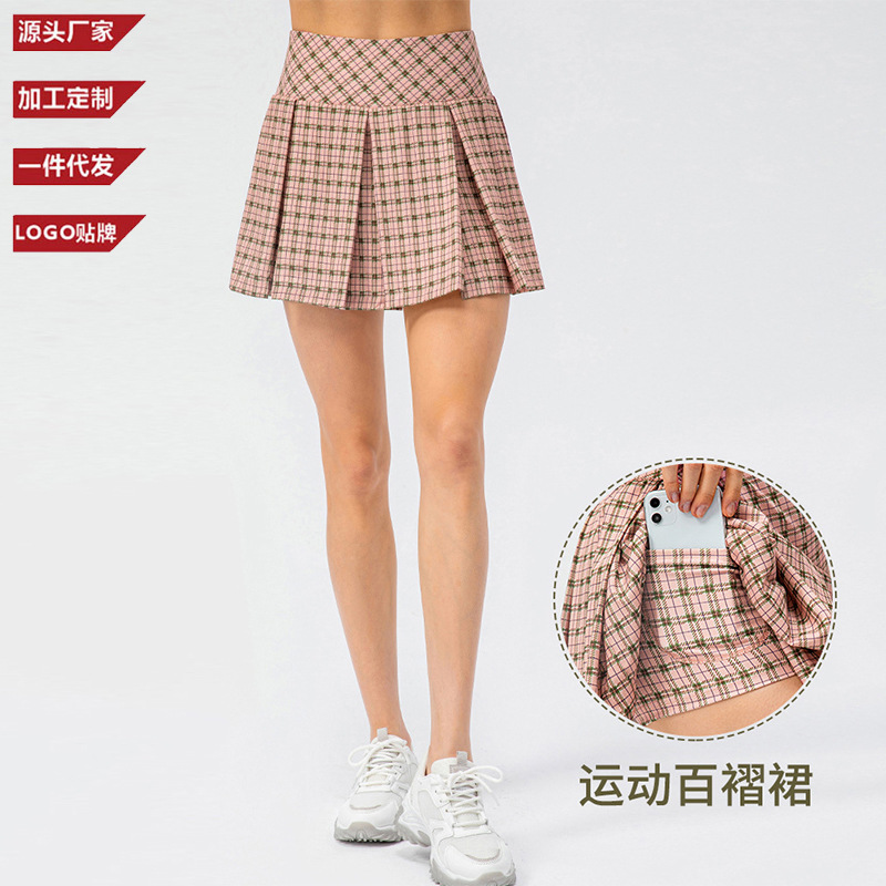 Spring and Summer New Plaid Sports Skirt Skirt Skirt Outdoor Running Tennis Skirt Fake Two-Piece Yoga Skirt Pleated Skirt