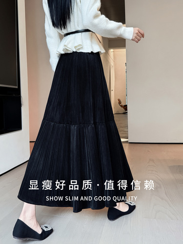 Women's Semi-Slip Dress for Autumn/Winter 2025 New Arrival High-Waist A-Line Grey Pleated Maxi Dress for Petite Figures, Cupcake Dress