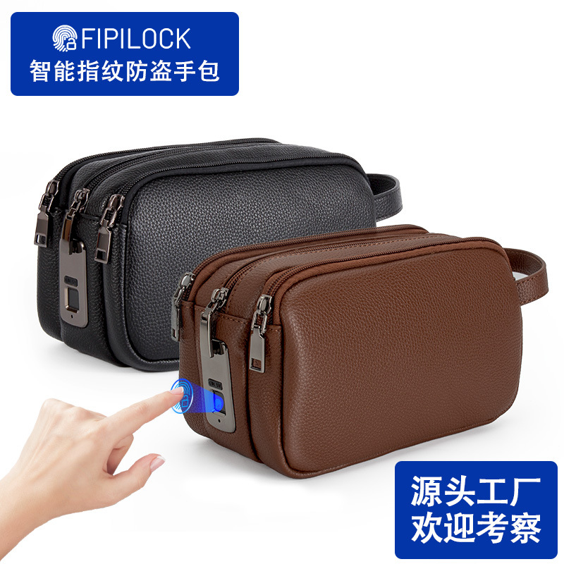 FIPILOCK智能指纹手拿包男士真皮高档手包 跨境爆款大容量手抓包