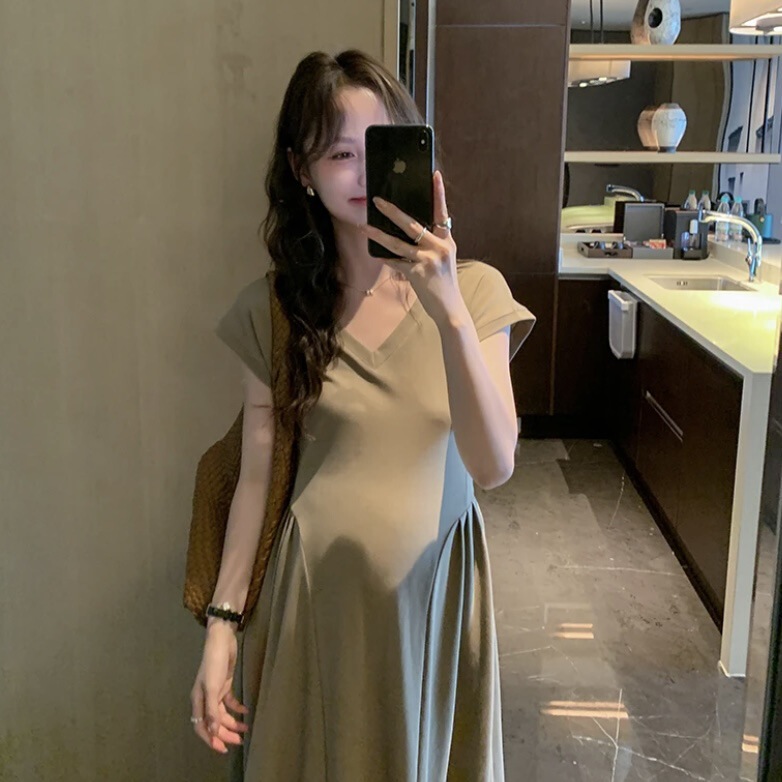 Maternity Summer Internet Celebrity V-neck Fashionable Elegant Waist Slimming Belly Covering A- line Dress Maternity Summer Internet Celebrity V-neck Fashionable Elegant Waist Slimming Belly Covering A- line Dress