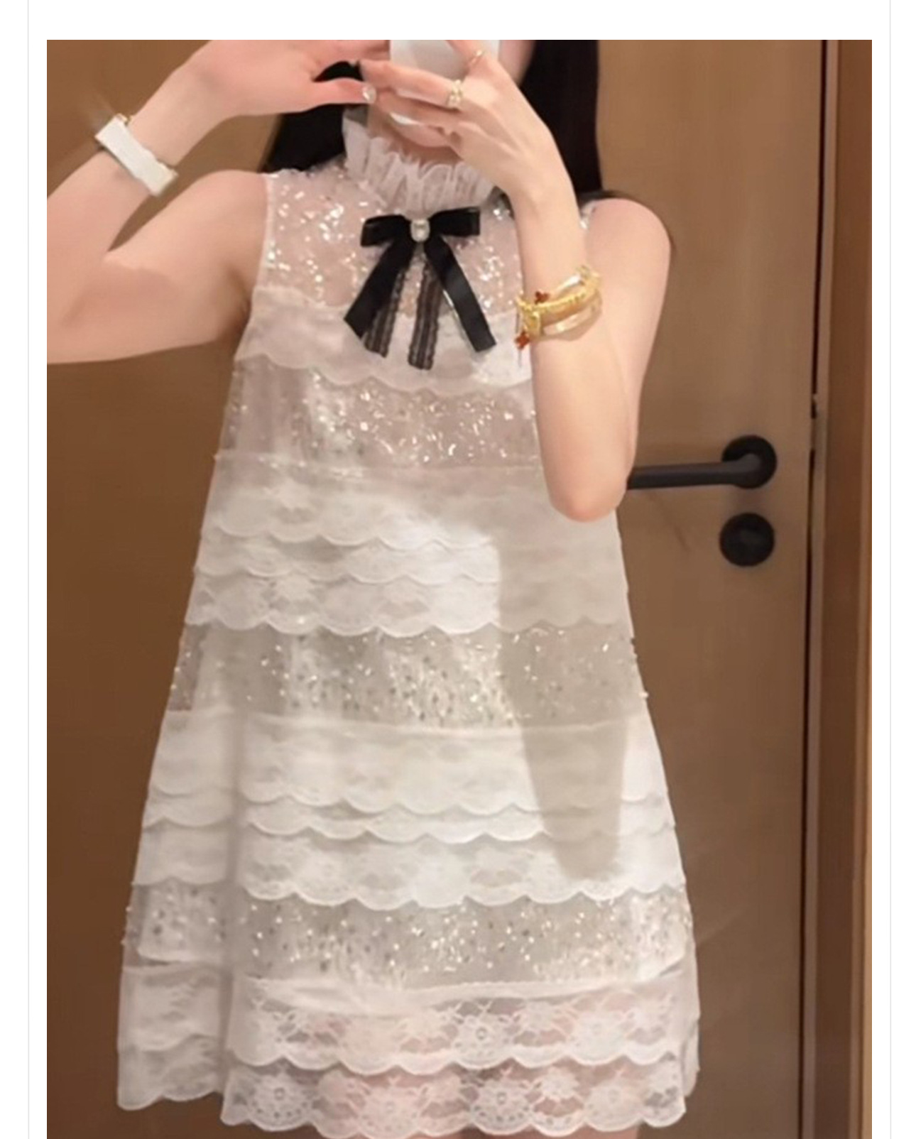Váy chữ A phối ren kiểu Pháp, cạp cao, thiết kế nơ ren thanh lịch mùa hè N5003 — Cây sơn chi trắng chi tiết 2