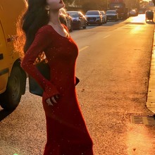 新年圣诞红色针织连衣裙女春夏季内搭2025新款订婚礼服打底鱼尾裙