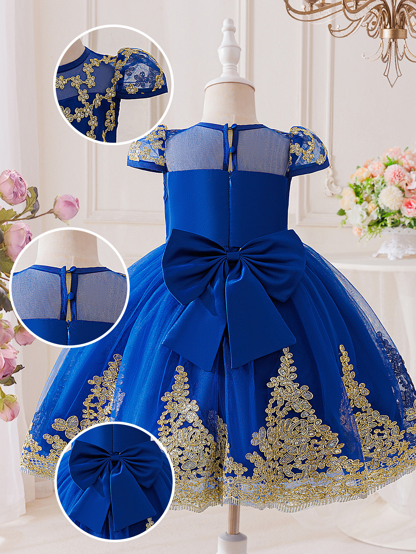 Vestido de niña pequeña y mediana de Amazon, vestido de princesa, vestido de niña de flores occidental bordado, manga voladora pequeña, falda de tutú de malla de lazo grande