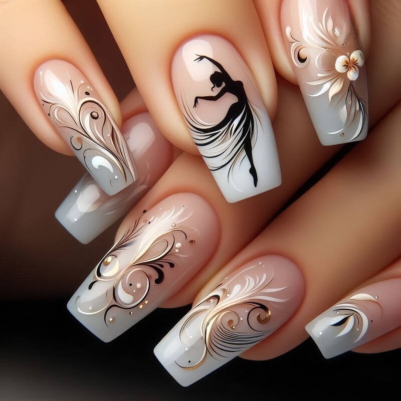 Cross-Border Ballet Art Manicure Wearable Nails Golden Line Pattern Nail Patch Nails Fake Nails Tb-64