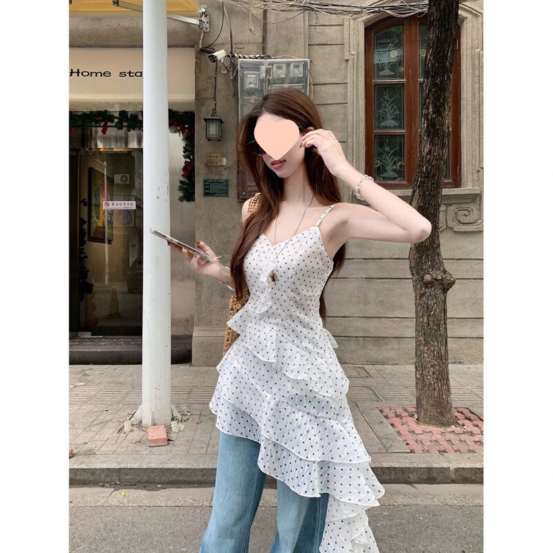 Chiffon + Lining, Vacation-Style Spaghetti Strap Dress for Slightly Plump Women, White Polka Dot Dress with Ruffles, Spandex Chiffon + Lining, Vacation-Style Spaghetti Strap Dress for Slightly Plump Women, White Polka Dot Dress with Ruffles, Spandex
