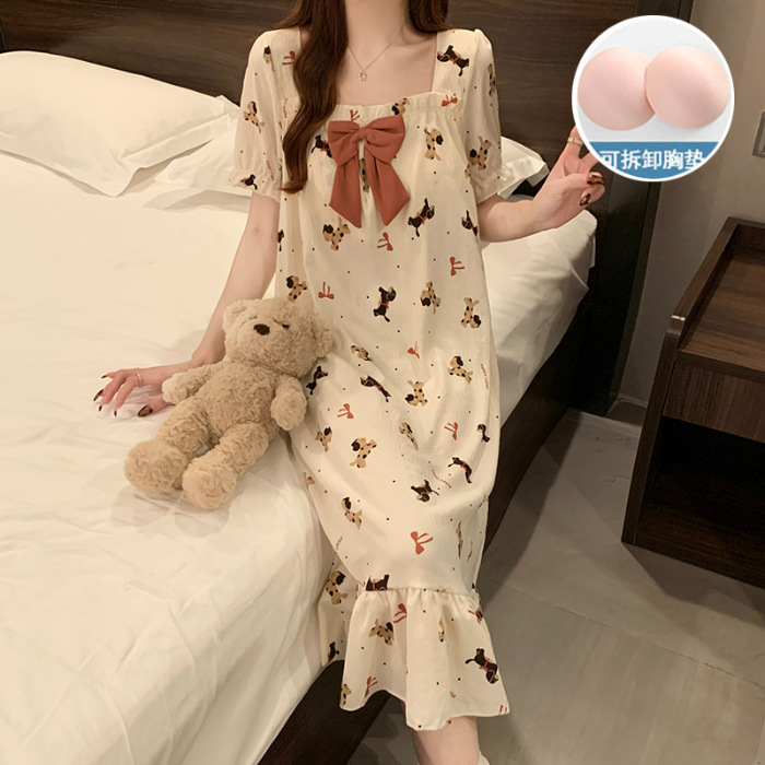 2025 verano nuevo hogar ropa de mangas cortas pijama de niñas cuello cuadrado de encaje dulce nube de algodón cojín de pecho pijama