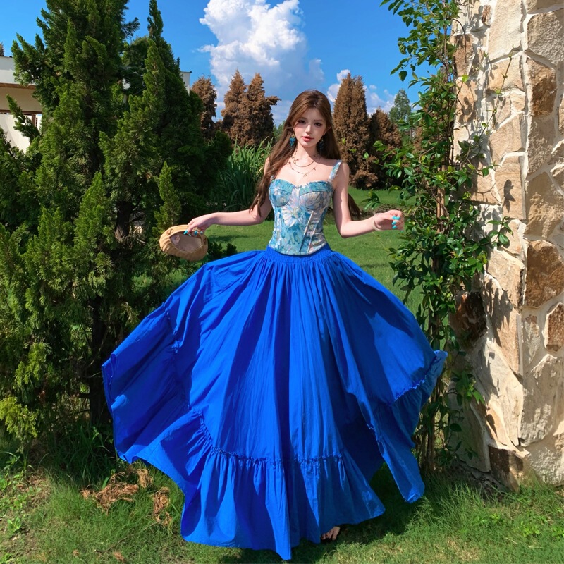 Yunnan Dali Bright Dopamine Resort Style Blue Strap Dress for Women, Summer High-Waisted Large Hem Stunning Long Dress Yunnan Dali Bright Dopamine Resort Style Blue Strap Dress for Women, Summer High-Waisted Large Hem Stunning Long Dress