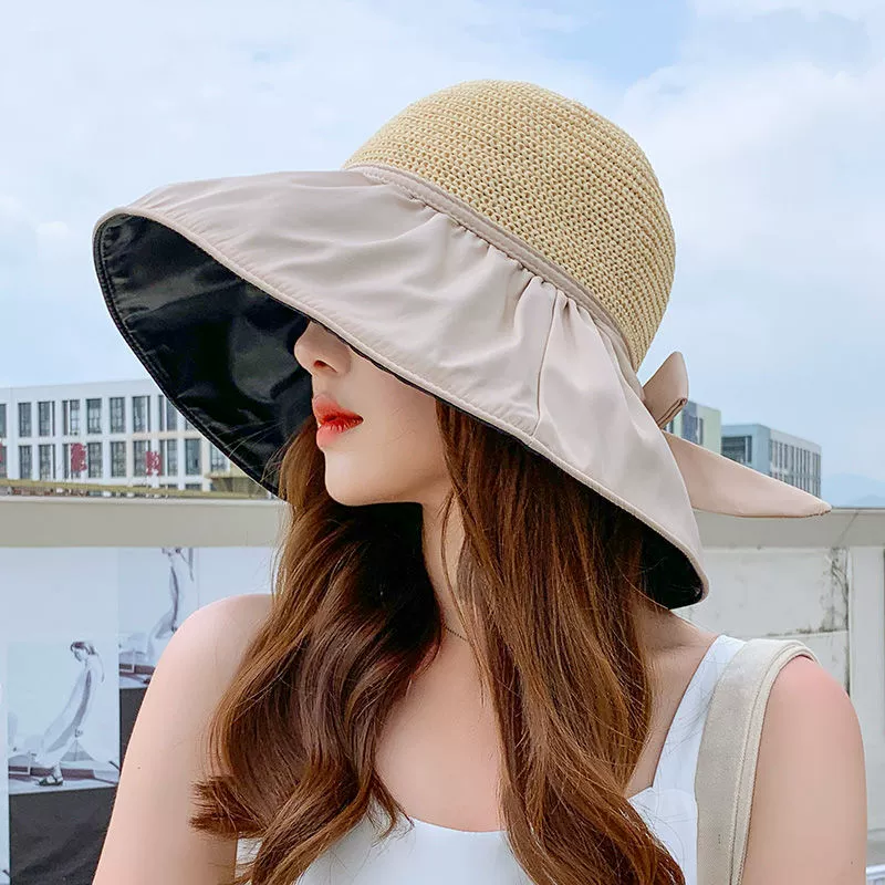 Summer sun hat with bow solar-powered, sun protection