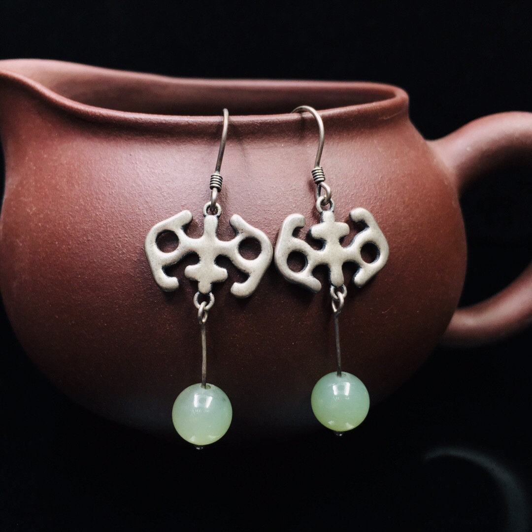 支持鉴定/一件代发 复古925银镶青白玉耳饰竹叶青和田玉8mm珠耳坠|ru