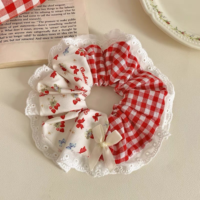 딸기머리끈-빨간격자 더블조합