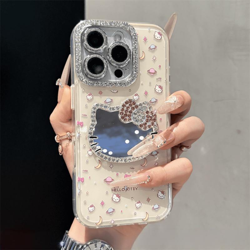 镶钻kitty猫镜子适用苹果16promax手机壳新款iPhone15Pro高级14pl|undefined