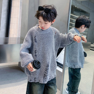 Trendy Boys' Ripped Sweater Autumn and Winter New 2025 Korean Style Children's Knitwear for Older Kids Outerwear