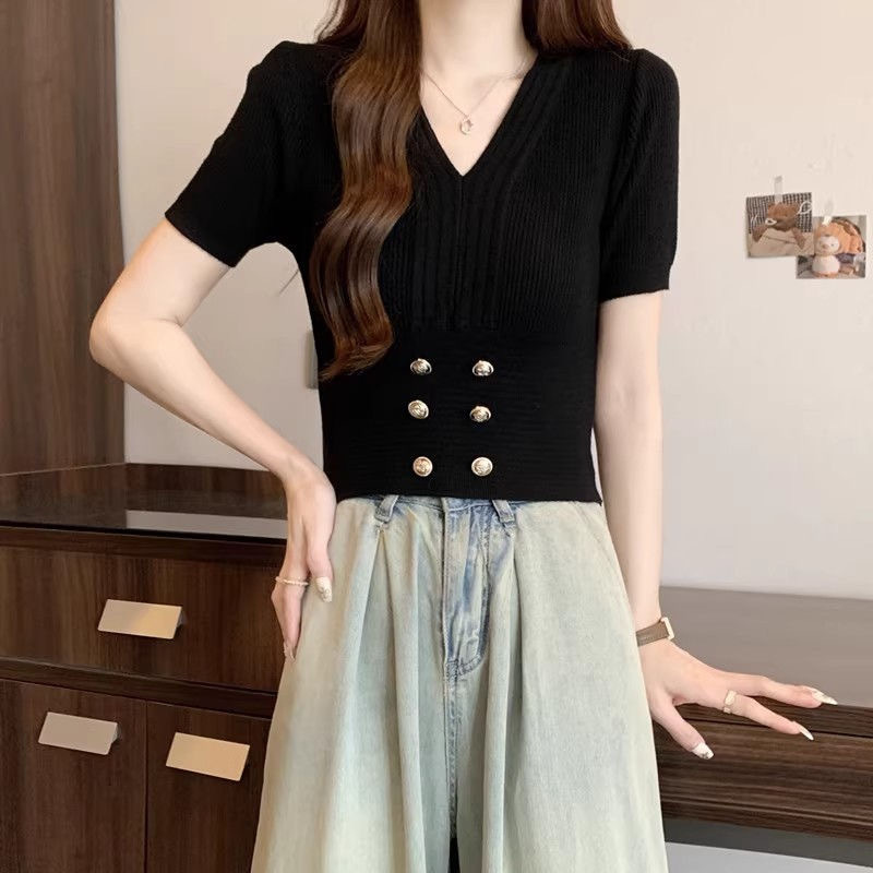 V-Ausschnitt, hohe Taille, kurzärmeliger Damen-Sommer, neuer französischer Stil, kleiner, duftender Wind, Eisseide, gestrickter Pullover_voghion.com