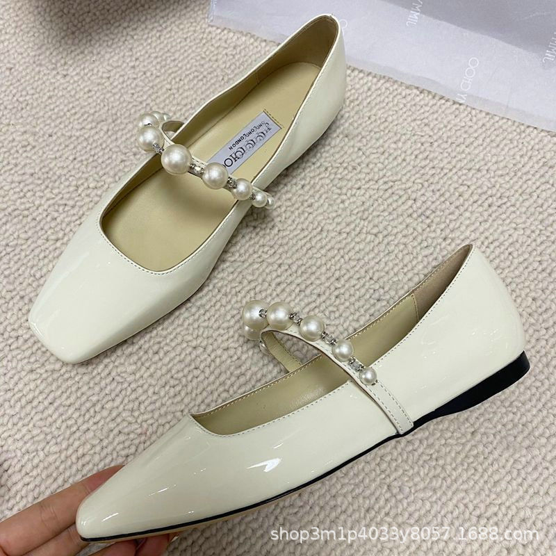 チャンネルグッズ！購入代理店にご入荷ください！ヨーロッパとアメリカのJC本革レディースシューズスクエアトゥ浅口パールフラットメリージェーンシューズ|undefined