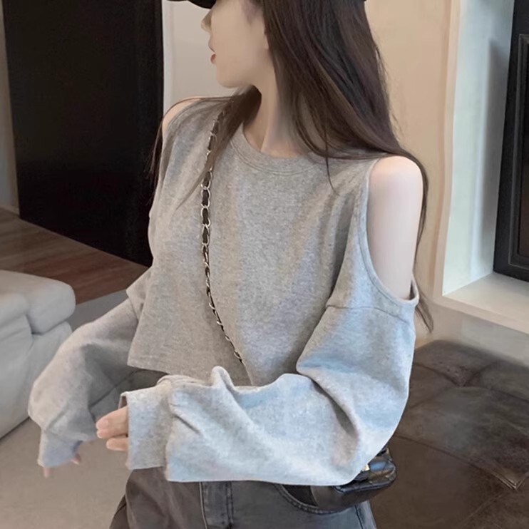 Xinyu Off-Shoulder Round Neck Long-Sleeved T-Shirt Women's New Pure Color Cut Out Casual Bottoming Shirt Korean Style Design Top