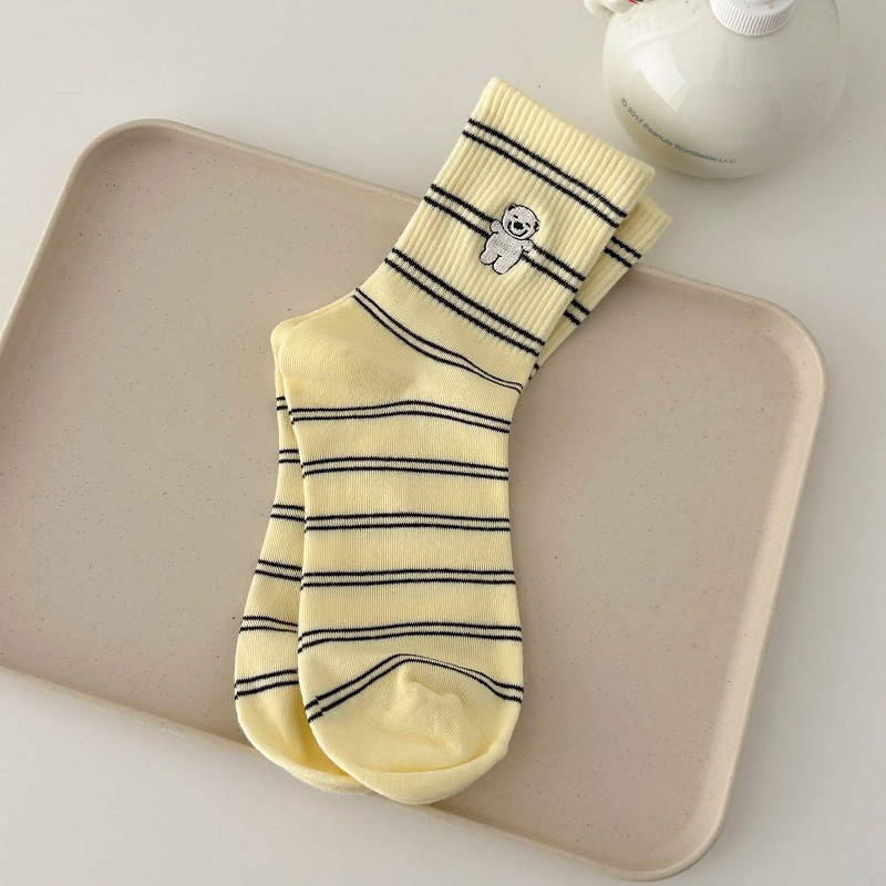 Calcetines con bordado de perro, estilo japonés, rayas divertidas, cómodos para primavera y otoño.