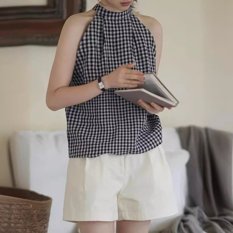 Neck Camisole Chic Shirt Summer New Outfit Sleeveless Plaid Chiffon Fashionable Elegant Short Top