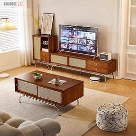鸿福嘉月新北欧实木电视柜茶几组合家用小户型客厅复古藤编落地收