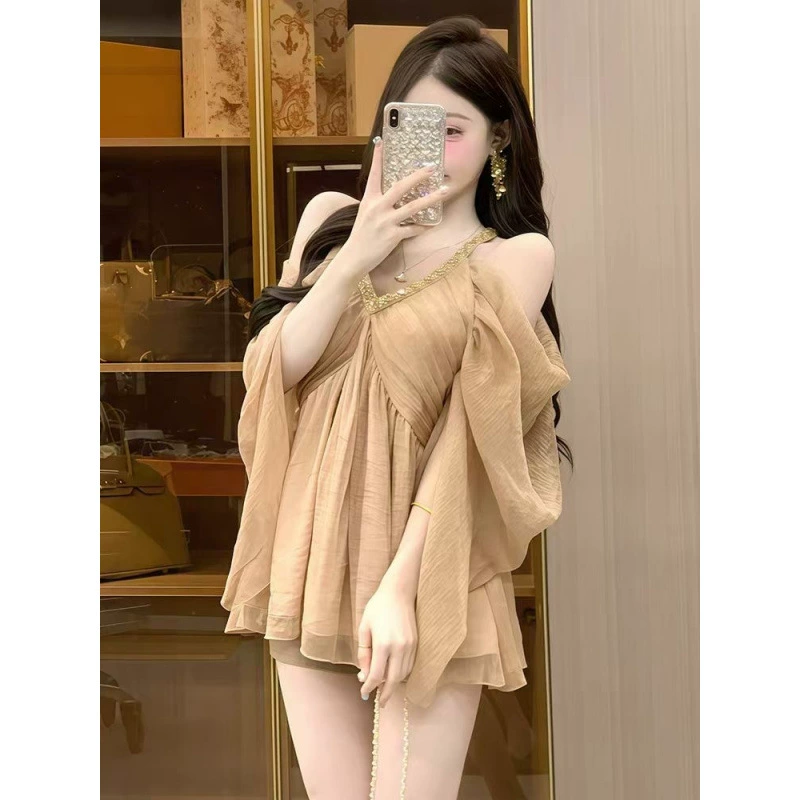 Шифоновая рубашка во французском стиле с v-образным вырезом и инкрустацией бриллиантами, рукавами-трубой для женщин, летний новый дизайн, модный топ для похудения