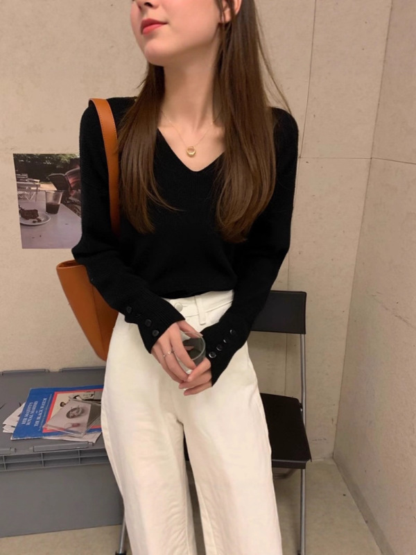 别致V领针织衫女慵懒风宽松毛衣打底衫春秋长袖冬装上衣内搭显瘦|undefined